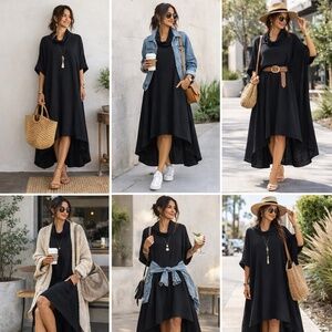 Black maxi dress M cotton gauze hi/low hem lagenlook cottage core boho luxury